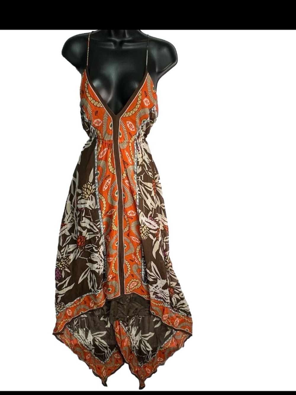 Nicole Miller Silk Handkerchief Hem Dress Boho Halter Orange Brown 6 Flowy Y2K